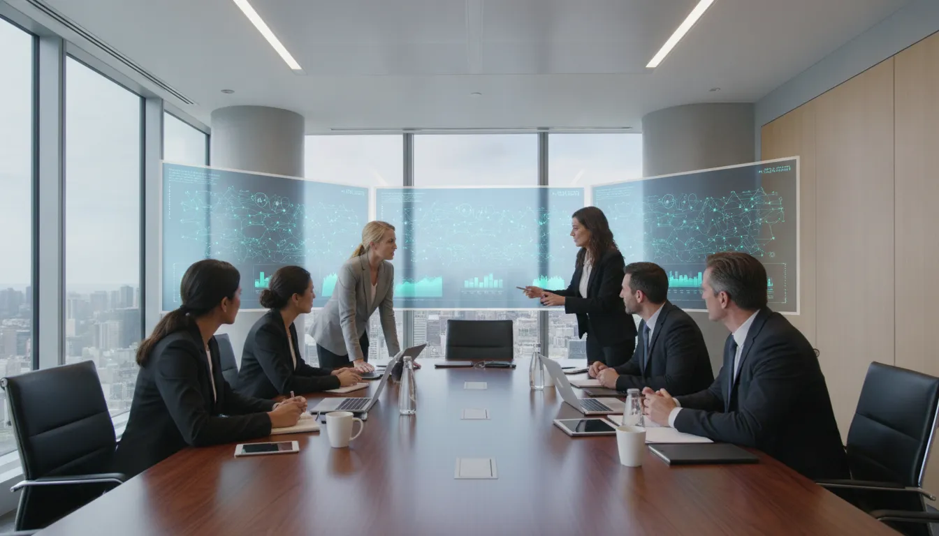 A professional enterprise team collaborating around a modern boardroom table with AI dashboard screens visible, bright and corporate setting