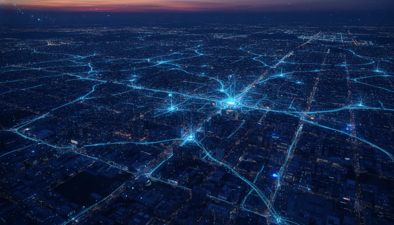 A dramatic dark blue aerial cityscape at dusk with glowing data network lines overlaid, conveying enterprise AI technology transformation and digital intelligence